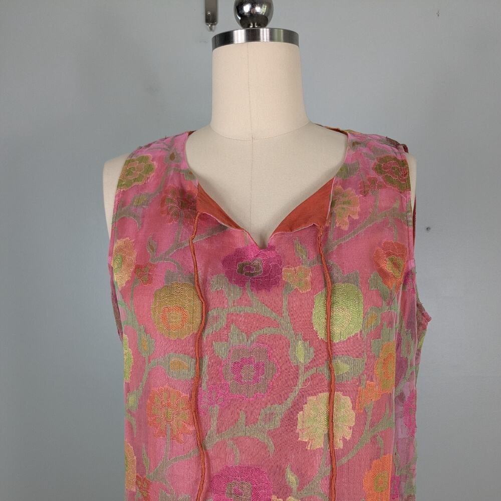 Floral Midi Dress Cotton Silk Handmade Tibet Tie Pink Green Orange Yellow M - Picture 4 of 9